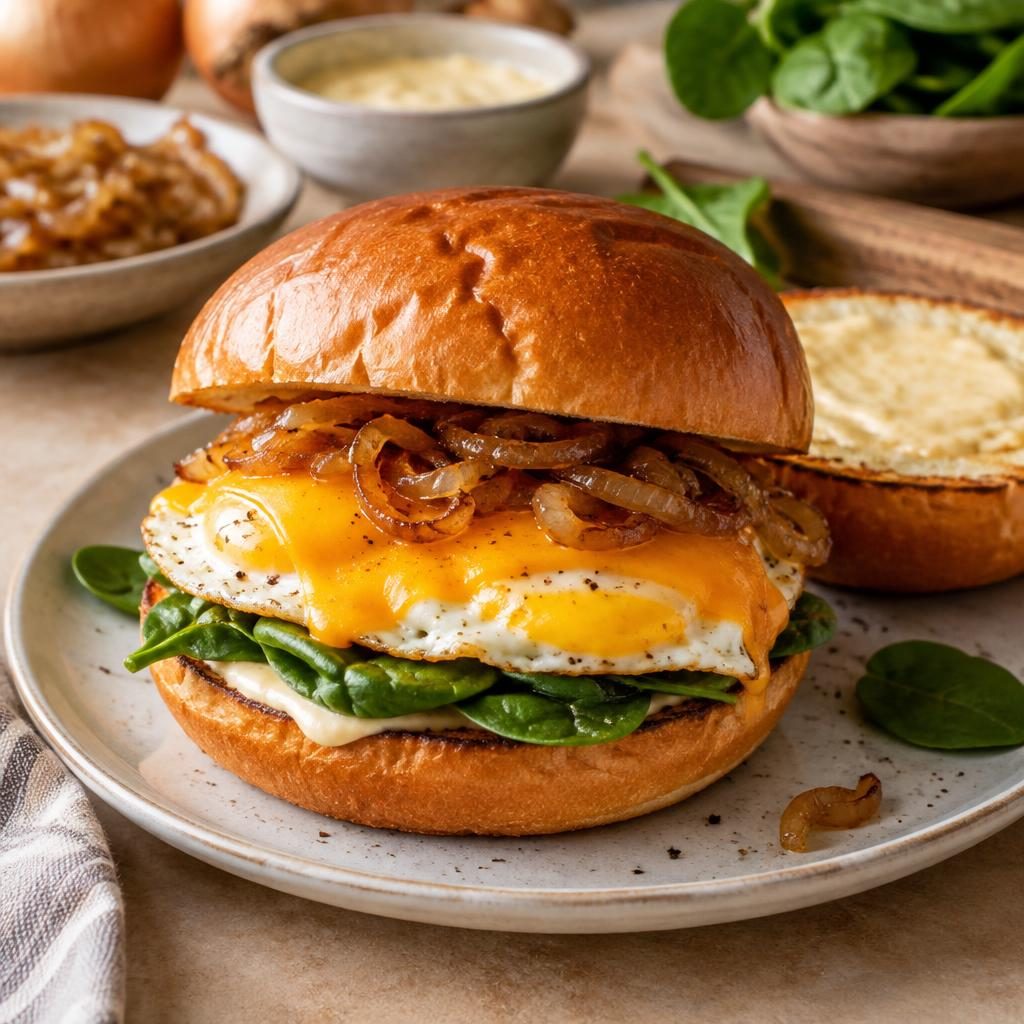 Cheddar Egg and Caramelized Onion Burger Sandwich