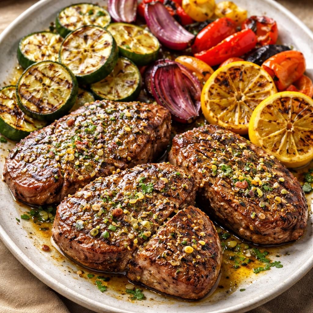 Grilled Lamb with Charred Vegetables and Lemon Herb Glaze