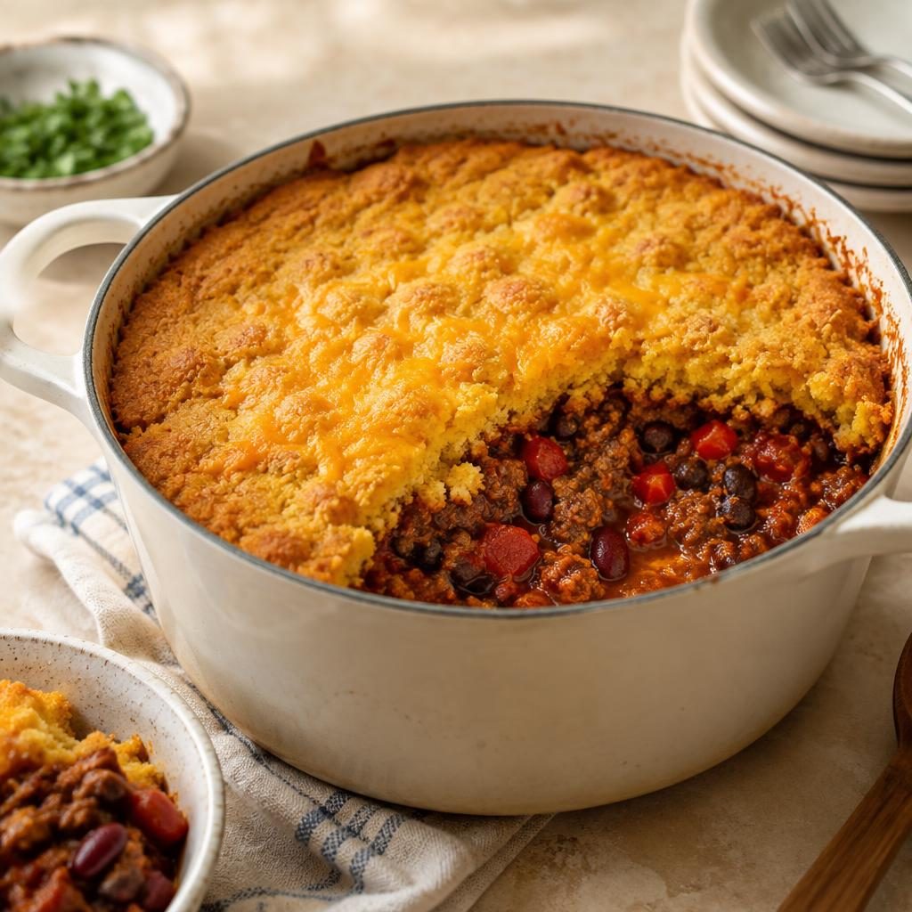 Beef and Two-Bean Chili with Cheddar Cornbread Topping